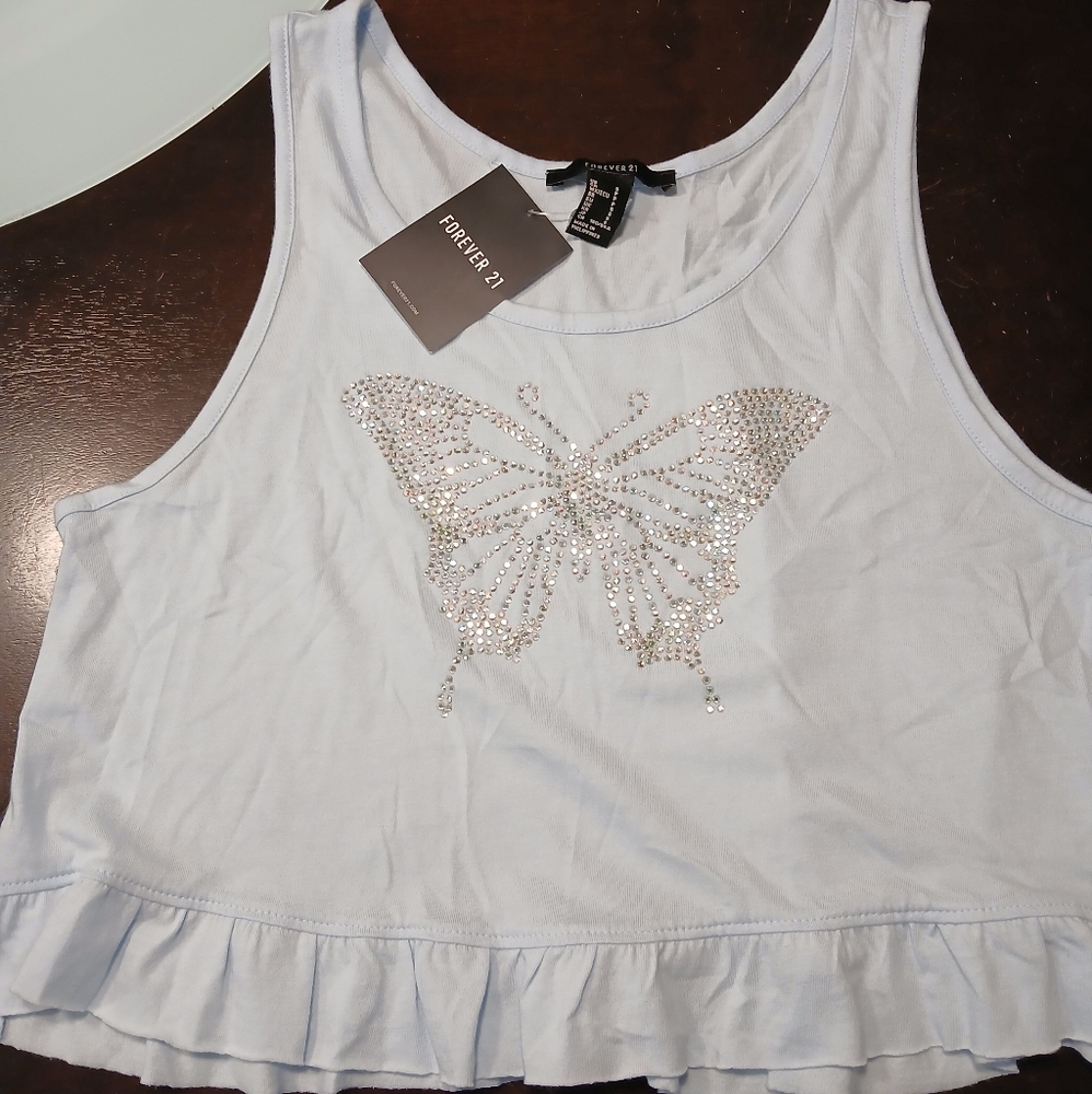 NEW Forever 21 girl's top light blue Sz S with butterfly